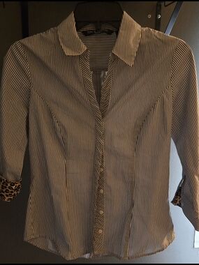Zac & Rachel Petites Sm. Navy Blue & White Striped Button-Up Blouse